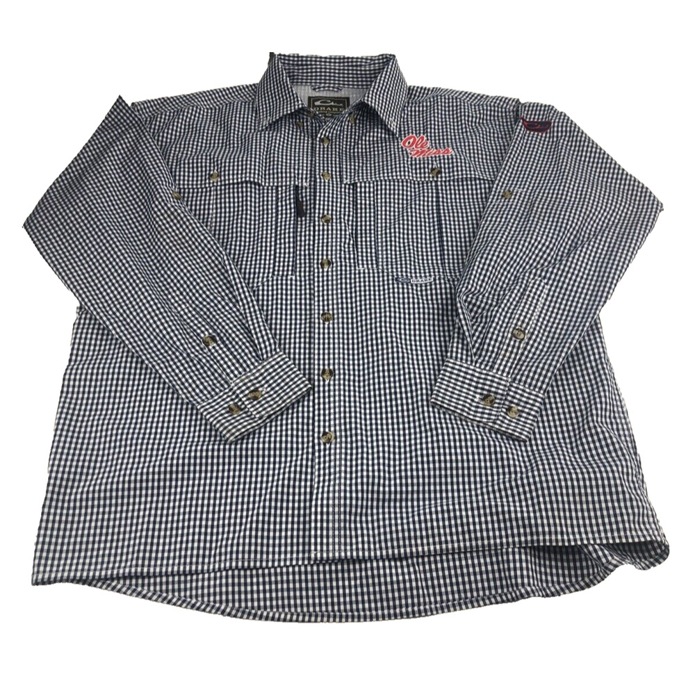 Drake Waterfowl Ole Miss Mens Shirt Outdoor Vented Long Sleeve Blue Plaid Medium